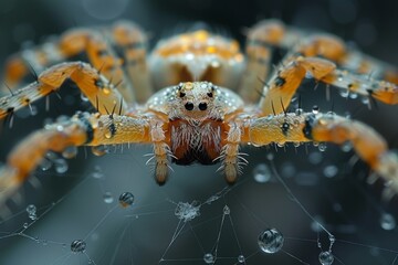 Canvas Print - Close-Up of a Spider on a Dew-Covered Web