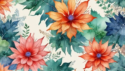 Wall Mural - Watercolor Floral Pattern with Orange and Pink Flowers.