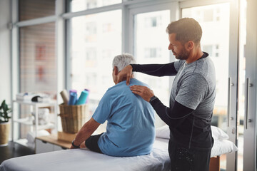 Poster - Physiotherapy, shoulder pain and person with senior man for medical care, consulting and wellness. Chiropractor, healthcare and physical therapist and client for rehabilitation, massage or assessment