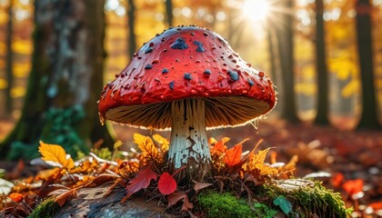 Canvas Print - Red Mushroom in Autumn Forest.