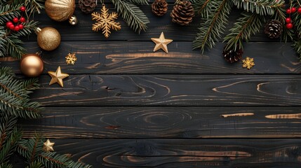 Poster - Top view of dark wooden background adorned with Christmas decorations and spruce branches