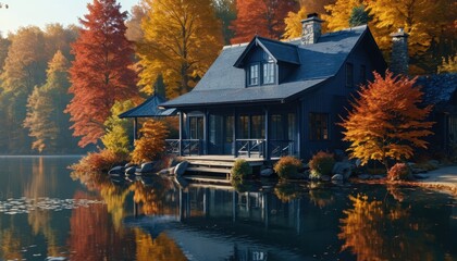 Poster - Autumnal Cottage on the Lake.