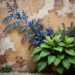 Lush Green Leaves Against a Weathered Wall.