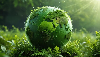 Canvas Print - Green Earth Globe With Water Drops and Sunlight.