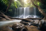 tropical waterfall fall exotic cascade flowing thailand creek clean beautiful cool forest cataract background