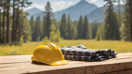 Labor day, yellow hard hat and plaid shirt resting on a wooden surface, with a blurred sunny outdoor background