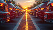 © btiger - Modern car parked in a lot at sunset light focused on yellow line, used cars for sale and rental, automotive agent and dealer service