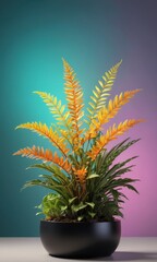 Canvas Print - Yellow and Green Plant in Black Pot Against Teal and Pink Background.