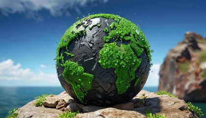 Canvas Print - Green Earth Globe on Rocks by the Sea.