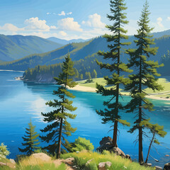 Wall Mural - Serene Lakefront Scenery: A Painterly View of a Mountainous Landscape with Blue Water and Pine Trees