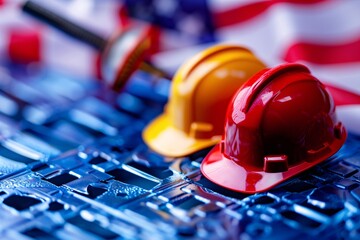 Wall Mural - Red and yellow construction worker hard hats sitting on a metal surface with an american flag in the background