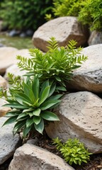 Canvas Print - Green Plants Growing Between Rocks.