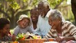 © Preecha - A highly detailed photograph of a multicultural elderly couple enjoying a picnic with their grandchildren, laughing and sharing stories, every joyful expression and detail of the picnic captured in