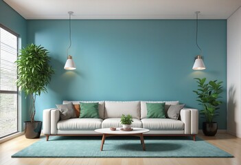 Wall Mural - modern living room interior design with blue wall