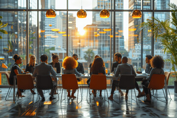 Wall Mural - Team of diverse business professionals brainstorming creative ideas in modern office conference room