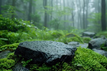 Wall Mural - The stone base in the forest, shining with sunlight