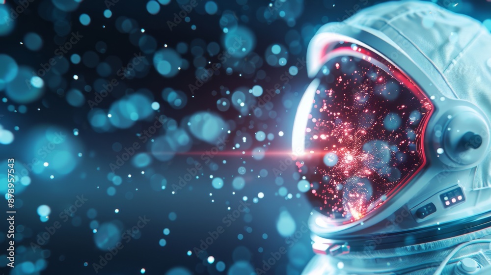 Astronaut helmet in deep space with a lens flare and digital interface ...