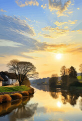 Wall Mural - Golden Sunset Reflections on a River: A Serene Landscape with a House and Trees