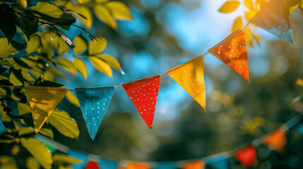 Wall Mural - colorful bunting pennant decoration on blue sky with green tree leaves, summer party garden celebration background with copy space