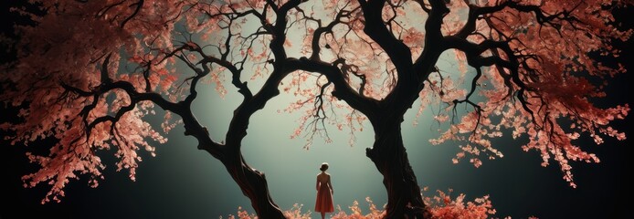 Poster - Woman standing in front of a tree with pink leaves.