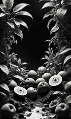 Canvas Print - Monochrome Still Life with Fruit and Leaves.