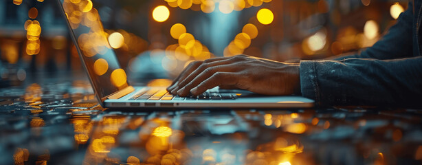 Wall Mural - Businessman in black suit typing on laptop at office desk close up of hands business technology online networking workplace corporate manager communication modern career