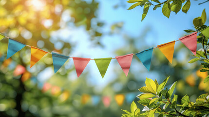 Wall Mural - colorful bunting flags on blue sky with green leaves summer outdoor celebration party festival background template