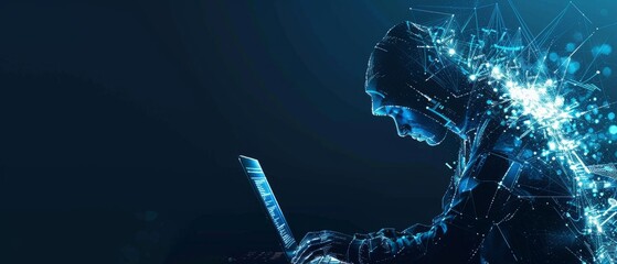 Poster - Abstract digital anonymous hacker with light blue laptop and AI chip. Technology electronics background. Computer chip and glitch data flow. Tech artificial intelligence bg. 