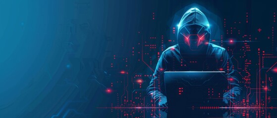 Poster - Abstract digital anonymous hacker with light blue laptop and AI chip. Technology electronics background. Computer chip and glitch data flow. Tech artificial intelligence bg. 