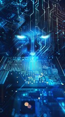 Poster - Abstract digital anonymous hacker with light blue laptop and AI chip. Technology electronics background. Computer chip and glitch data flow. Tech artificial intelligence bg. 