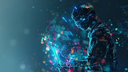 Poster - Abstract digital anonymous hacker with light blue laptop and AI chip. Technology electronics background. Computer chip and glitch data flow. Tech artificial intelligence bg. 