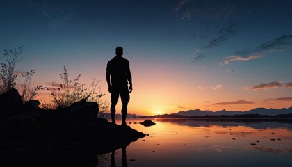Wall Mural - Man Silhouetted Against Sunset Over Water.