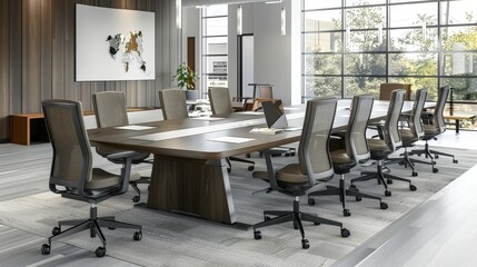 Wall Mural - A large conference table in a modern office, surrounded by ergonomic chairs and set up for a productive meeting.