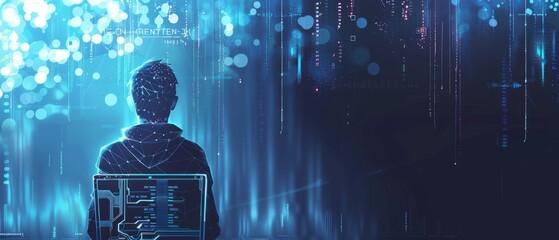 Poster - Abstract digital anonymous hacker with light blue laptop and AI chip. Technology electronics background. Computer chip and glitch data flow. Tech artificial intelligence bg. 