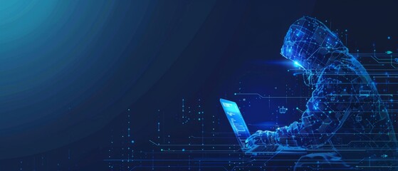 Poster - Abstract digital anonymous hacker with light blue laptop and AI chip. Technology electronics background. Computer chip and glitch data flow. Tech artificial intelligence bg. 