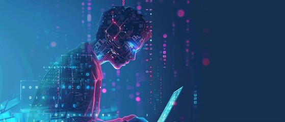 Poster - Abstract digital anonymous hacker with light blue laptop and AI chip. Technology electronics background. Computer chip and glitch data flow. Tech artificial intelligence bg. 