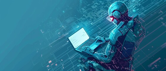Poster - Abstract digital anonymous hacker with light blue laptop and AI chip. Technology electronics background. Computer chip and glitch data flow. Tech artificial intelligence bg. 