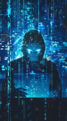 Poster - Abstract digital anonymous hacker with light blue laptop and AI chip. Technology electronics background. Computer chip and glitch data flow. Tech artificial intelligence bg. 