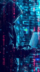Poster - Abstract digital anonymous hacker with light blue laptop and AI chip. Technology electronics background. Computer chip and glitch data flow. Tech artificial intelligence bg. 