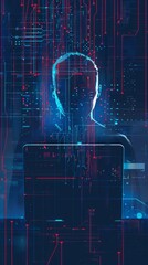 Poster - Abstract digital anonymous hacker with light blue laptop and AI chip. Technology electronics background. Computer chip and glitch data flow. Tech artificial intelligence bg. 