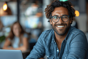 Wall Mural - Smiling Businessman in Casual Outfit Using Laptop During Meeting