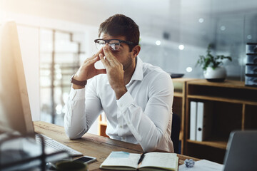 Leinwandbilder - Office, stress and business man on computer for deadline on web design, project and research. Corporate, company and exhausted, fatigue and overworked person on pc for website, email and burnout