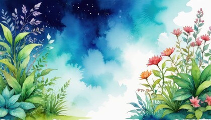 Wall Mural - Watercolor Night Sky with Flowers and Foliage.