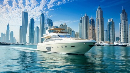 a luxurious yacht sailing along the dubai marina, with the modern skyscrapers creating a stunning ba