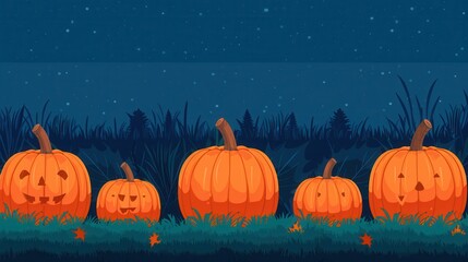 Illustration of jack-o'-lanterns in a grassy field at night, with a starry sky backdrop perfect for Halloween-themed designs and decorations.