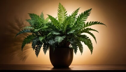 Wall Mural - Green Fern Plant in a Pot on a Wooden Table.