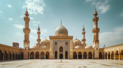 Poster - A majestic mosque with grand domes, minarets, and intricate tilework, illustrating Islamic architecture.