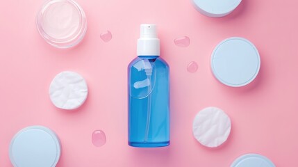 Sticker - Top view of blue bottle on pink background with cotton pads beauty product in plastic package