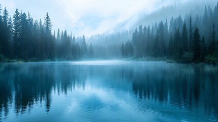 Wall Mural - Misty Forest Lake Reflecting the Sky