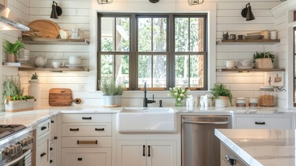 Poster - A modern farmhouse kitchen with shiplap walls, a large farmhouse sink, and open shelving, blending rustic charm with contemporary style.